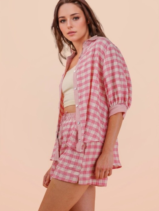 Very J Pants - "The Kristina" Pink Gingham Checkered Shirt Top & Shorts Set